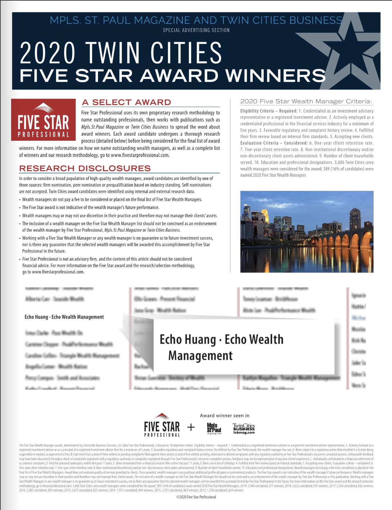 Echo Huang, CFA, CFP®, CPA Awarded the Five Star Wealth Manager Award for 2020!